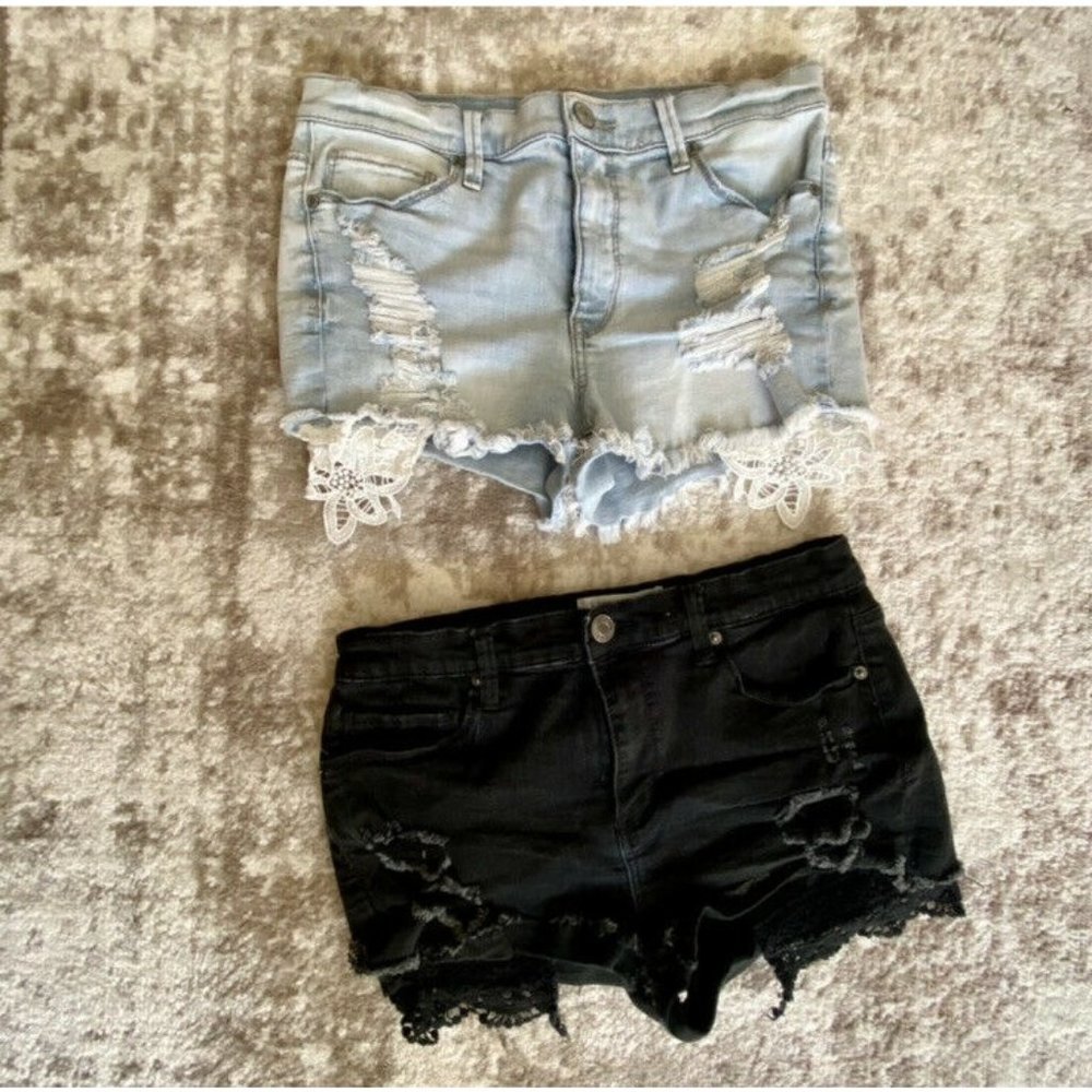 2 Pairs Mudd FLX Stretch Distressed Lace Denim Jean Cutoff Shorts Sz 11 Lot Of 2